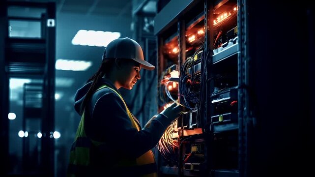 Data center. A woman in a hard hat and safety vest is intently working on a server rack in a server room. The lighting is dimly lit.