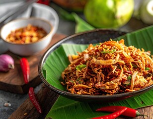 Close Up View of Sizzling Fried Onion Dish Served on Banana Leaf with Red Chili Peppers and Blurred Background