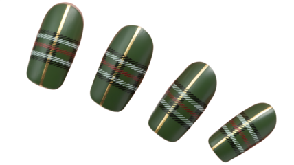 Elegant olive-green plaid nail art for fall style, Modern tartan-patterned manicure for fashion-forward hands, Chic green check press-on nails for trendy looks, Stylish pattern nail design