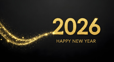 Golden 2026 happy new year text with sparkling light streak on black background