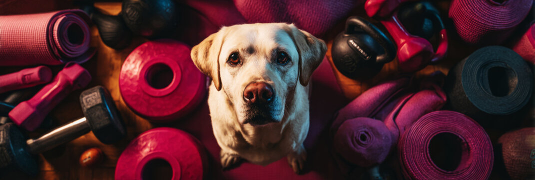 A Labrador sits among gym equipment like dumbbells and kettlebells in a warm, sunlit space, promoting a healthy lifestyle and bonding through exercise and rehabilitation, banner