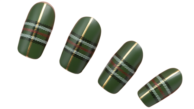 Elegant olive-green plaid nail art for fall style, Modern tartan-patterned manicure for fashion-forward hands, Chic green check press-on nails for trendy looks, Stylish pattern nail design