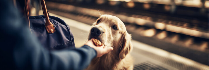 A dedicated dog trainer rewards a golden retriever with a treat while the dog stands confidently on a training platform in a fitness space. The scene highlights canine agility and bonding, banner