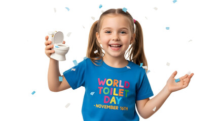 Joyful girl celebrates world toilet day with miniature toilet