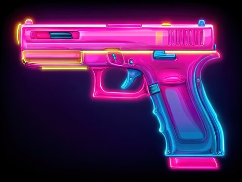 Vibrant neon pistol rendered in electric pink and blue hues, symbolizing digital rebellion, cyber aesthetics, and the bold fusion of art and energy - Powered by Adobe