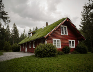 Obraz premium A red wooden house with a grass roof and white windows, surrounded by lush green grass and trees