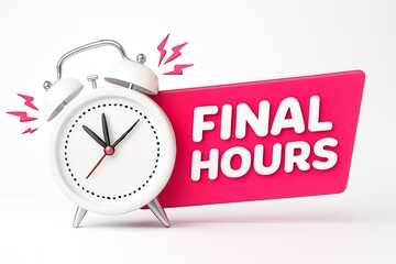 White vintage alarm clock with ringing bells next to a bright pink sign announcing final hours sale