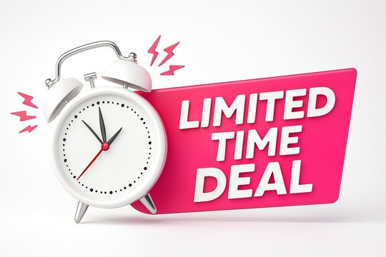 Retro alarm clock with a bright pink banner announcing a limited time deal with flashing red lightning bolts signifying urgency