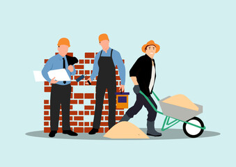 Construction Workers and Brick Wall Site