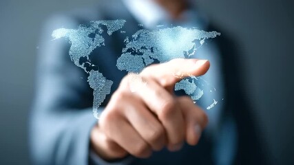 Man in suit pointing at digital world defocused bright continents, faceless business presentation, global visualization detail, blurred map background, international focus concept, - Powered by Adobe