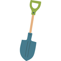 A simple blue shovel with a green handle and a wooden shaft isolated on a white background for gardening and outdoor activities