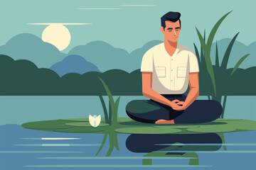 Man Meditating in Nature by the Lake