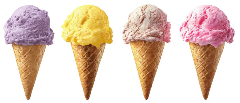 Four colorful ice cream cones featuring purple, yellow, brown, and pink flavors, arranged in a row, set against a clean white background, ideal for dessert-related themes