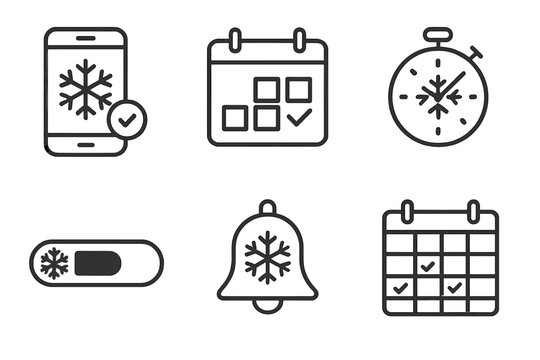 Cryotherapy Schedule Icons. Line style icons of cryotherapy timing and scheduling: booking app, calendar check icon, timer