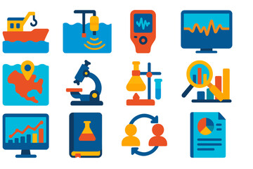 Marine Research Icons. Flat vector icons of marine acoustic research workflow: field deployment, sensor placement, data recording,