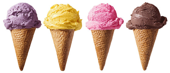 A vibrant display of four ice cream cones featuring purple, yellow, pink, and chocolate flavors, set against a clean background, perfect for summer-themed promotions or dessert menus