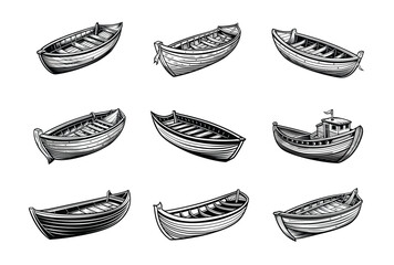 Collection of Nine Black and White Boat Illustrations on a White Background