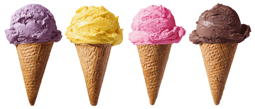 A vibrant display of four ice cream cones featuring purple, yellow, pink, and chocolate flavors, set against a clean background, perfect for summer-themed promotions or dessert menus