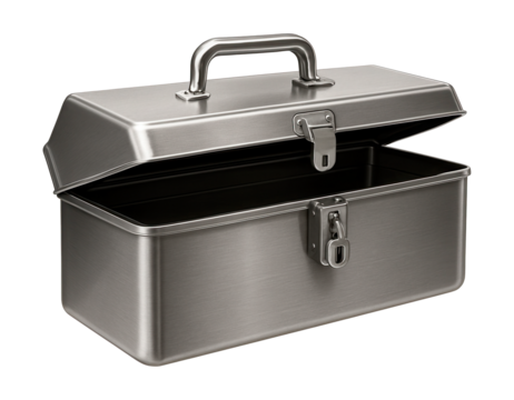 Lockable stainless steel toolbox with hinged lid for secure site storage.