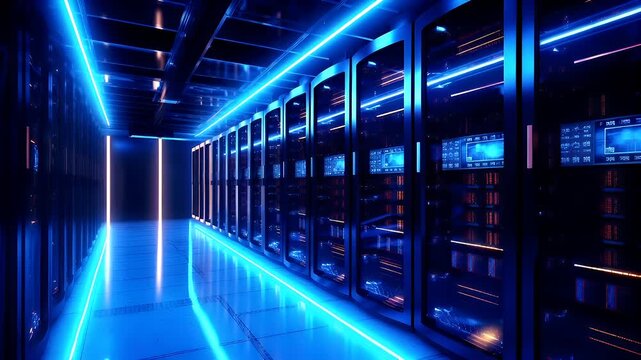 Data center. A modern server room with a long corridor illuminated by blue neon lights.