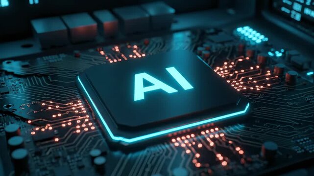 Glowing AI chip powers circuit board. Microchip links to motherboard. Processor and cpu signals flow. Semiconductor design shows technology. Hardware core glows with AI. Processor drives hardware