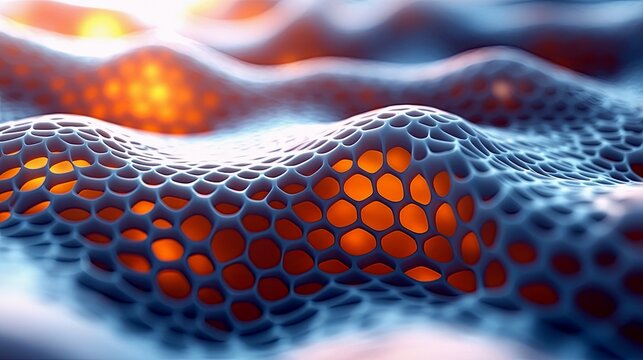 A close-up, abstract view of a cellular structure with a textured blue membrane and glowing orange spheres within.