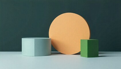 Textured Pastel Geometric Blocks A minimalist composition of three softly textured geometric blocks (cube, sphere, pyramid) arranged on a clean, matte surface. Colors are muted pastels dusty rose,