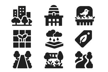 Urban Ecosystem Icons. Solid style icons of urban ecosystems: city block with trees icon, rooftop hive dome, bird habitat balcony.