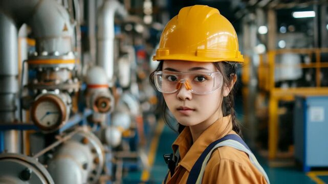 Young worker in safety gear at industrial facility, emphasizing workplace safety and protective equipment in a factory environment.