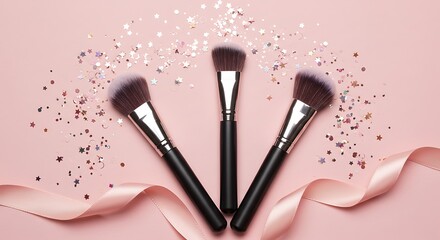Elegant makeup brushes arranged with pink ribbon and scattered rose gold glitter on a soft pink background