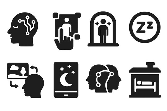 Dream Engineering Icons. Solid style icons of dream engineering academies: sleeping head with circuit glyph, lucid interface icon,