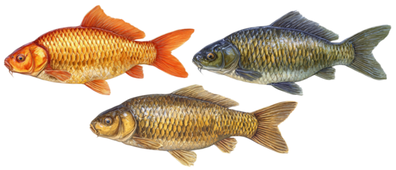 A vibrant illustration showcasing three distinct goldfish varieties, swimming gracefully in a serene aquatic environment, with soft light illuminating their scales