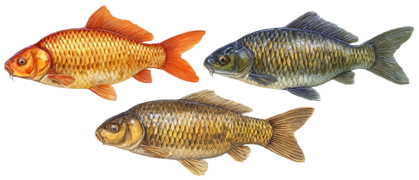 A vibrant illustration showcasing three distinct goldfish varieties, swimming gracefully in a serene aquatic environment, with soft light illuminating their scales