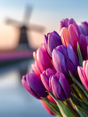A Bouquet of Vibrant Purple Tulips in Bloom with a Dutch Windmill in the Blurred Background Display