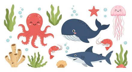 Obraz premium Cheerful cartoon sea life ensemble
