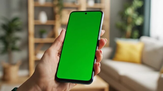 Video Hand holding smartphone with green screen for content insertion