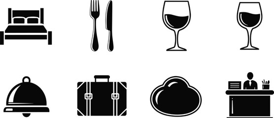 Hospitality icons, travel symbols, hotel services, restaurant tools, bar elements, concierge desk, luggage graphic, cloud service, black white vector