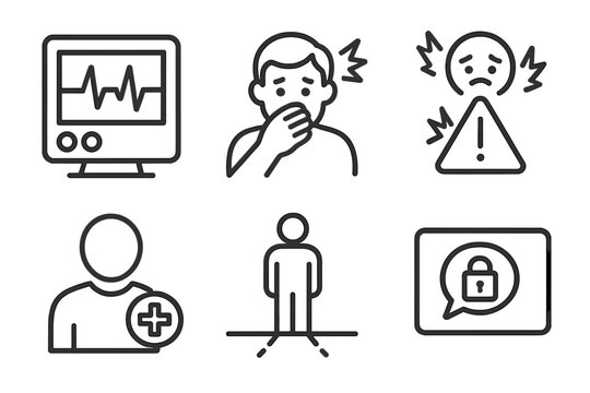 Safety Icons Collection. Line style icons of safety and risk management: vitals monitor, nausea icon, anxiety spike alert, medical
