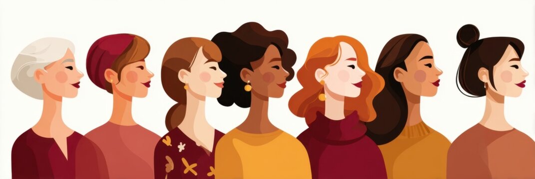 Diverse Group Of Women Illustration On White Background Showing Different Ethnicities Hairstyles And Ages For Beauty And Fashion Concepts