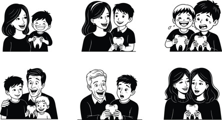 Happy family dental care, kids with teeth illustration, oral health education, tooth care, smiling children, parents teaching hygiene, cartoon concept