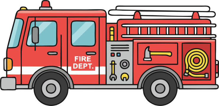 Flat Fire Department Truck Vector &ndash; Detailed Emergency Vehicle with Tools and Equipment