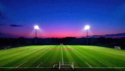 Vibrant Football Goalposts at Twilight Football goalposts standing tall on a vibrant green field against a deep twilight sky. The sky displays hues of purple, orange, and deep blue, with subtle