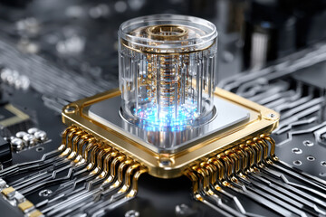 Quantum processor showcased on a circuit board with glowing features and intricate designs