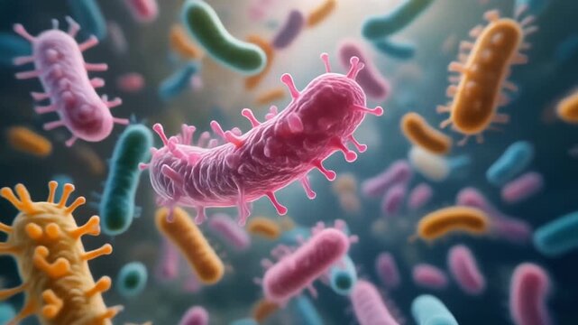 a cinematic 4K macro video of joyful bacteria twirling together in a microscopic landscape,