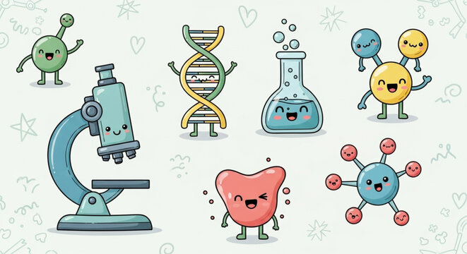 Whimsical Medical Research Doodle Icon Set &mdash; Cartoon Microscope, DNA, Flask, and Playful Molecules