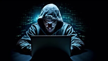 Internet cyber security concept. Hacker in hoodie using laptop against digital background with binary code. - Powered by Adobe