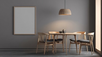 Modern dining room interior design with wooden table chairs and pendant light mockup frame on wall decor