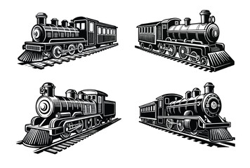 Four Vintage Steam Train Engines on Tracks in Black and White Style