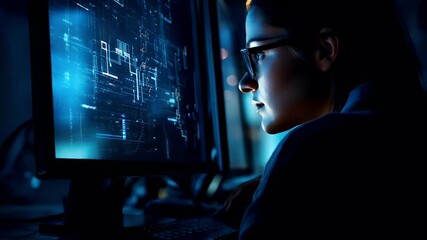 Internet cyber security concept. A closeup of a person wearing glasses and a hoodie, with a focused expression. The person is illuminated by a blue light, which casts a warm glow on their face.