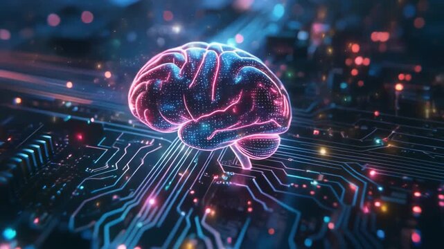 a close-up video of a digital brain visualizing stock prediction algorithms, streams of light